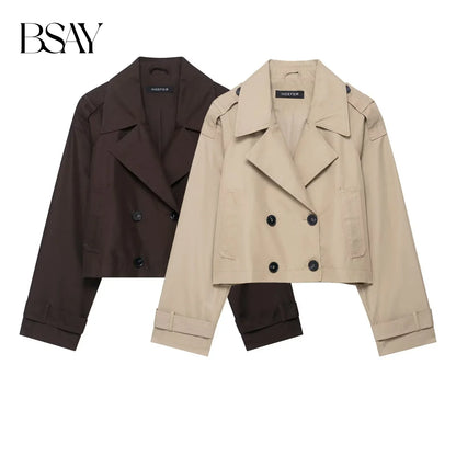 Short women's double-breasted trench coat jacket with wide collar