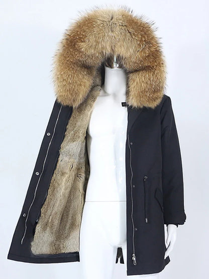 Women's winter parka with hood and fur trim, warm jacket, unisex