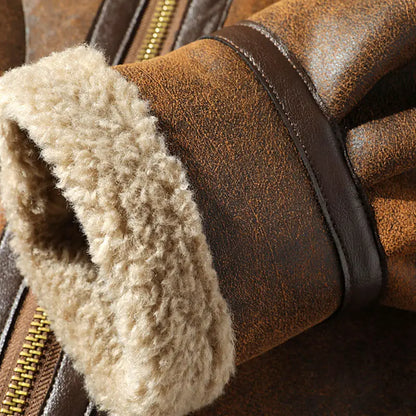 Men's aviator jacket winter shearling look brown warm faux leather jacket