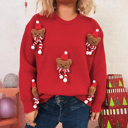 Red Christmas sweater with teddy bear appliqués and a crew neck