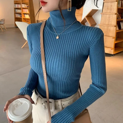 Women's ribbed long-sleeved turtleneck sweater, slim fit