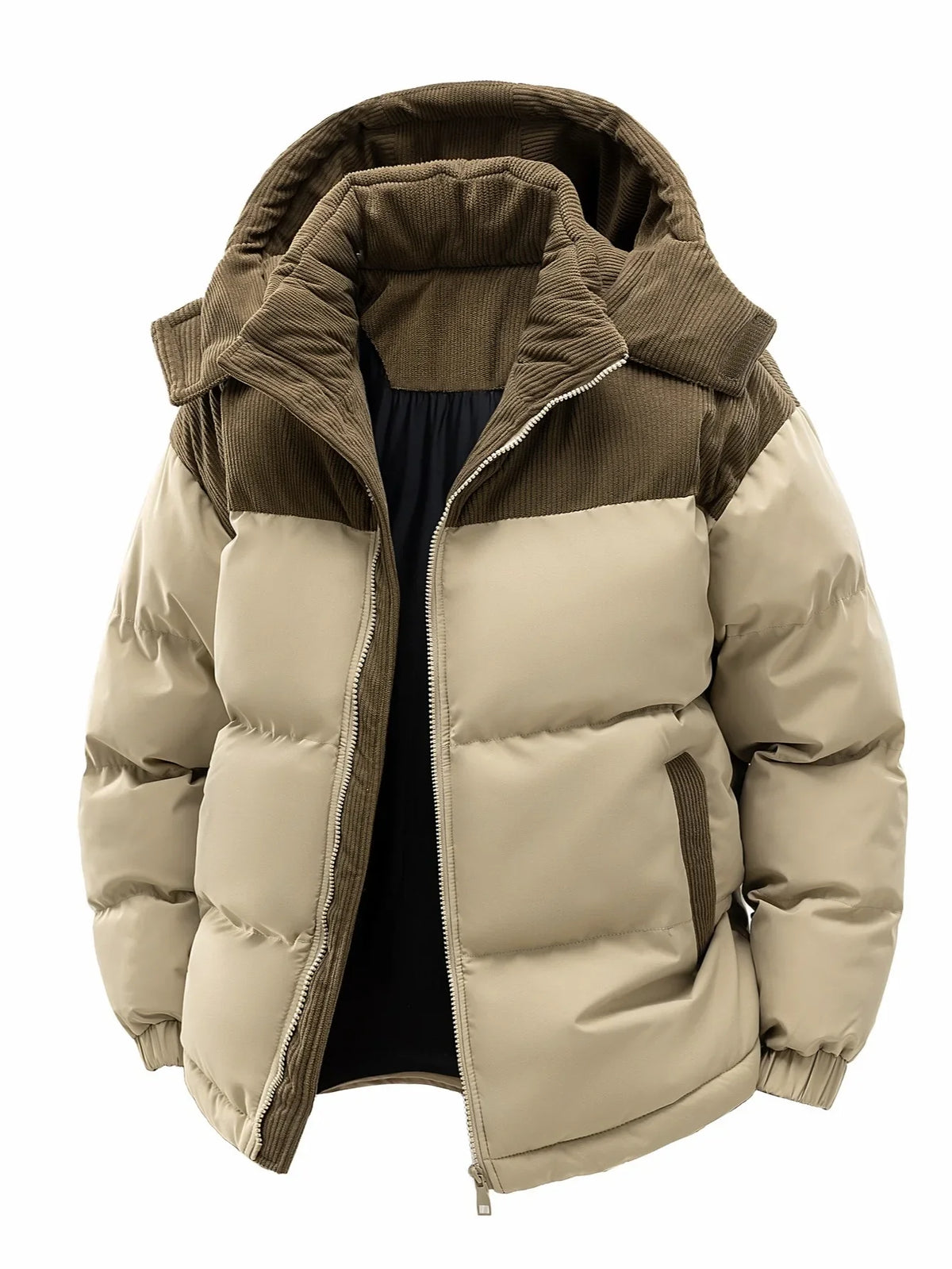 Unisex Winter Steppjacke mit Kapuze, gepolstert, Kord-Details