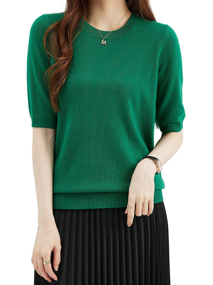 Women's short-sleeve knitted sweater, crew neck, ribbed hem