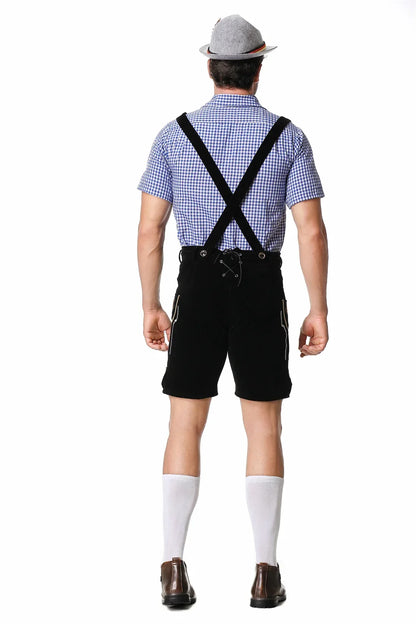 Men’s traditional outfit: lederhosen, shirt, hat, quilted details, various colors
