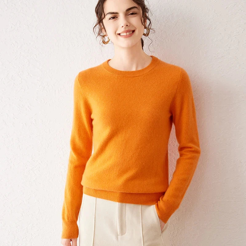 Women's crew-neck long-sleeve basic knitted sweater, cozy pullover