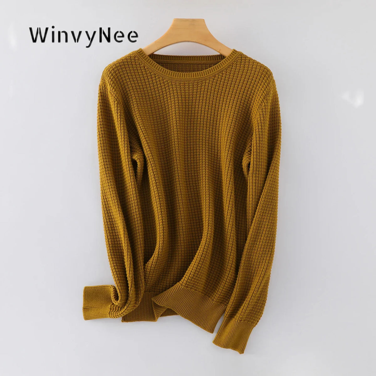 Women's Waffle-Knit Long-Sleeve Crewneck Basic Sweater