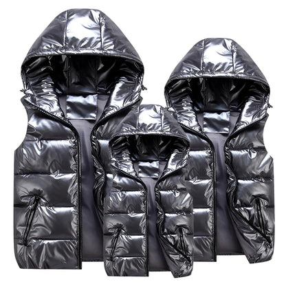 Unisex shiny hooded quilted vest, sleeveless puffer vest with zipper