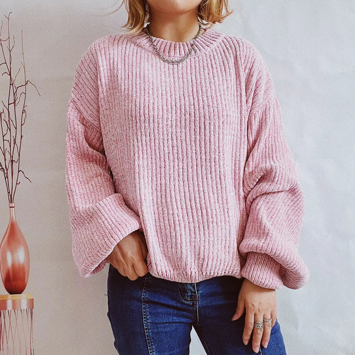 Damen Rib-Pullover Weiche Struktur Langarm Schwarz