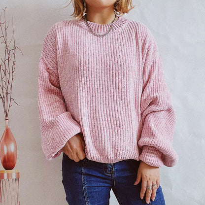 Damen Rib-Pullover Weiche Struktur Langarm Schwarz