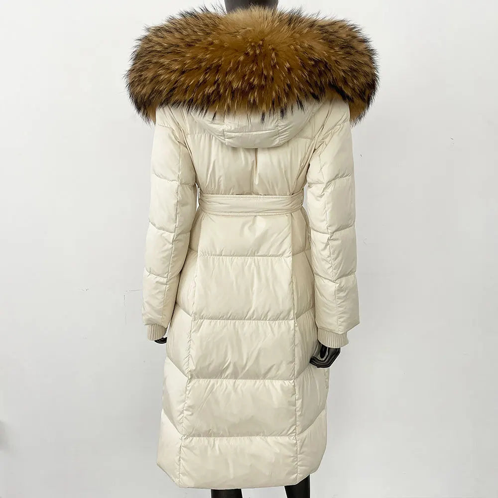 Women's quilted winter down coat with faux fur trim and belt