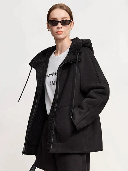 Women's short teddy-style hooded jacket, soft, zipper, beige