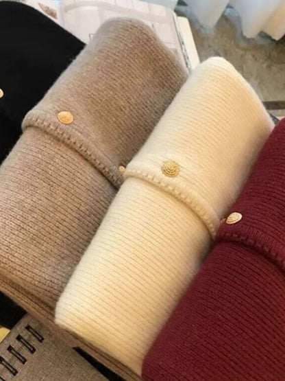 Women's Crew-Neck Long-Sleeved Knit Cardigan with Button Placket
