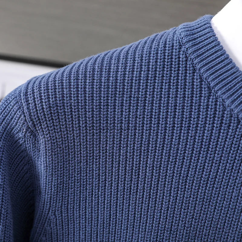 Men's crew-neck knit pullover ribbed solid-color long-sleeve