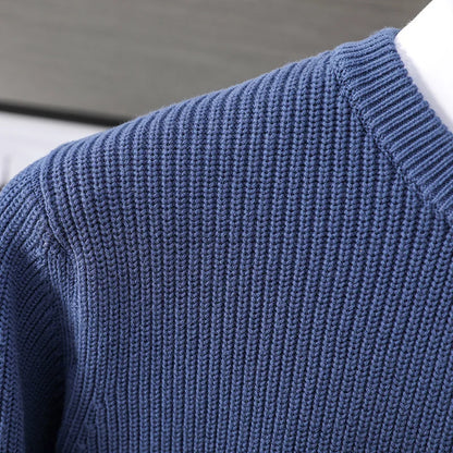 Men's crew-neck knit pullover ribbed solid-color long-sleeve