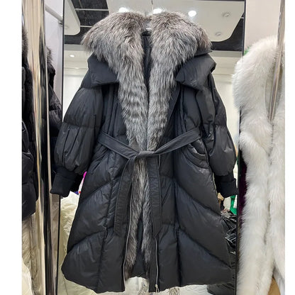 Damen Winter Steppmantel mit Kapuze und Pelzbesatz, langer warmer Mantel mit Gürtel