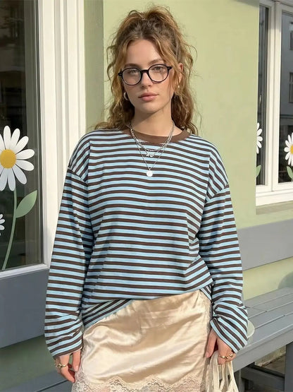 Gestreiftes Langarmshirt Damen Rundhalsausschnitt Oversize Cropped