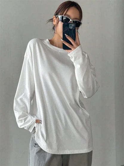 Women's oversized long-sleeve shirt, crew neck, black and white basic long-sleeve top