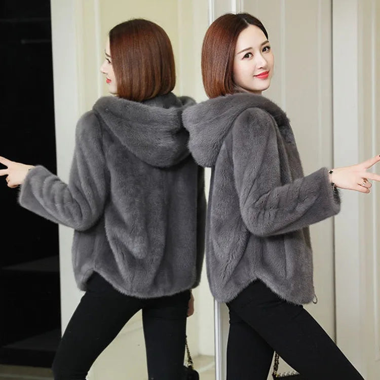 Women's Short Hooded Jacket, Plush Look, Green, Soft
