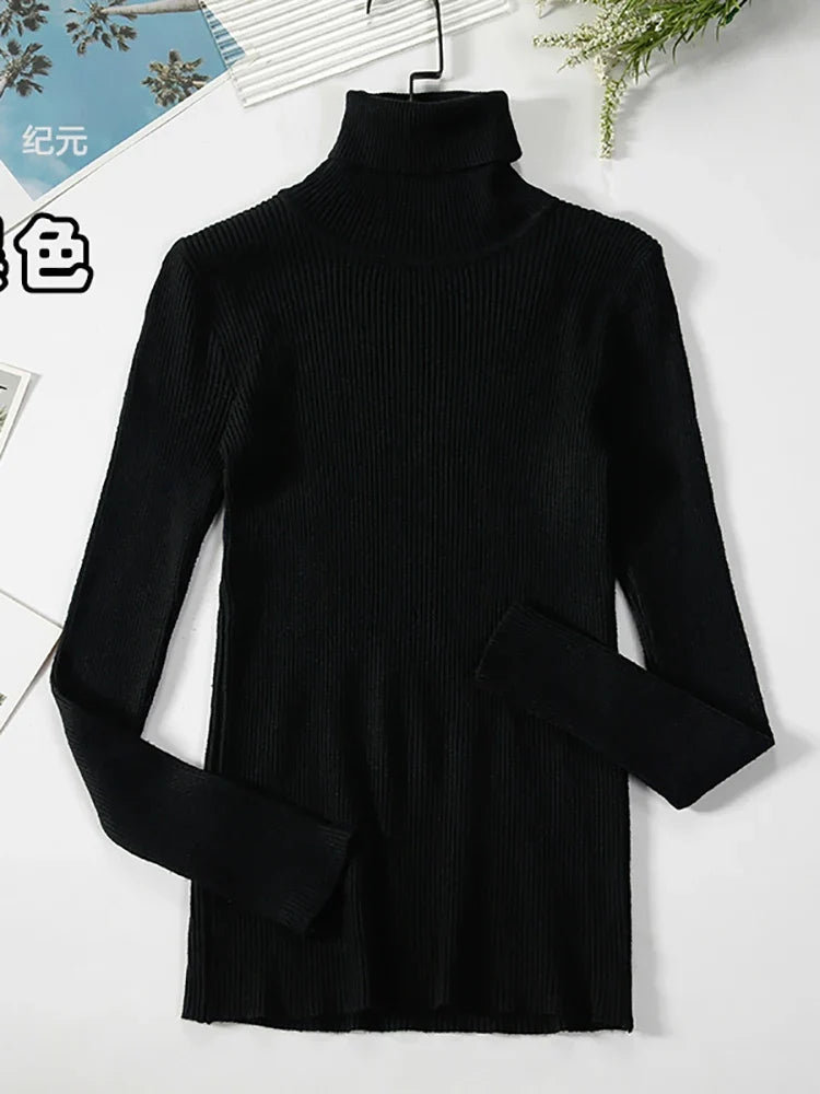 Ribbed women's basic long-sleeved turtleneck sweater