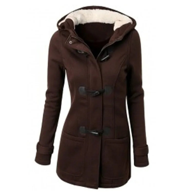 Women's winter coat with hood and toggle closure, warmly lined