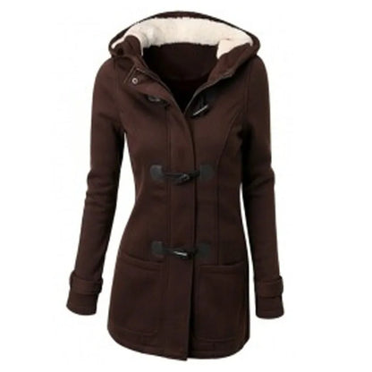 Women's winter coat with hood and toggle closure, warmly lined