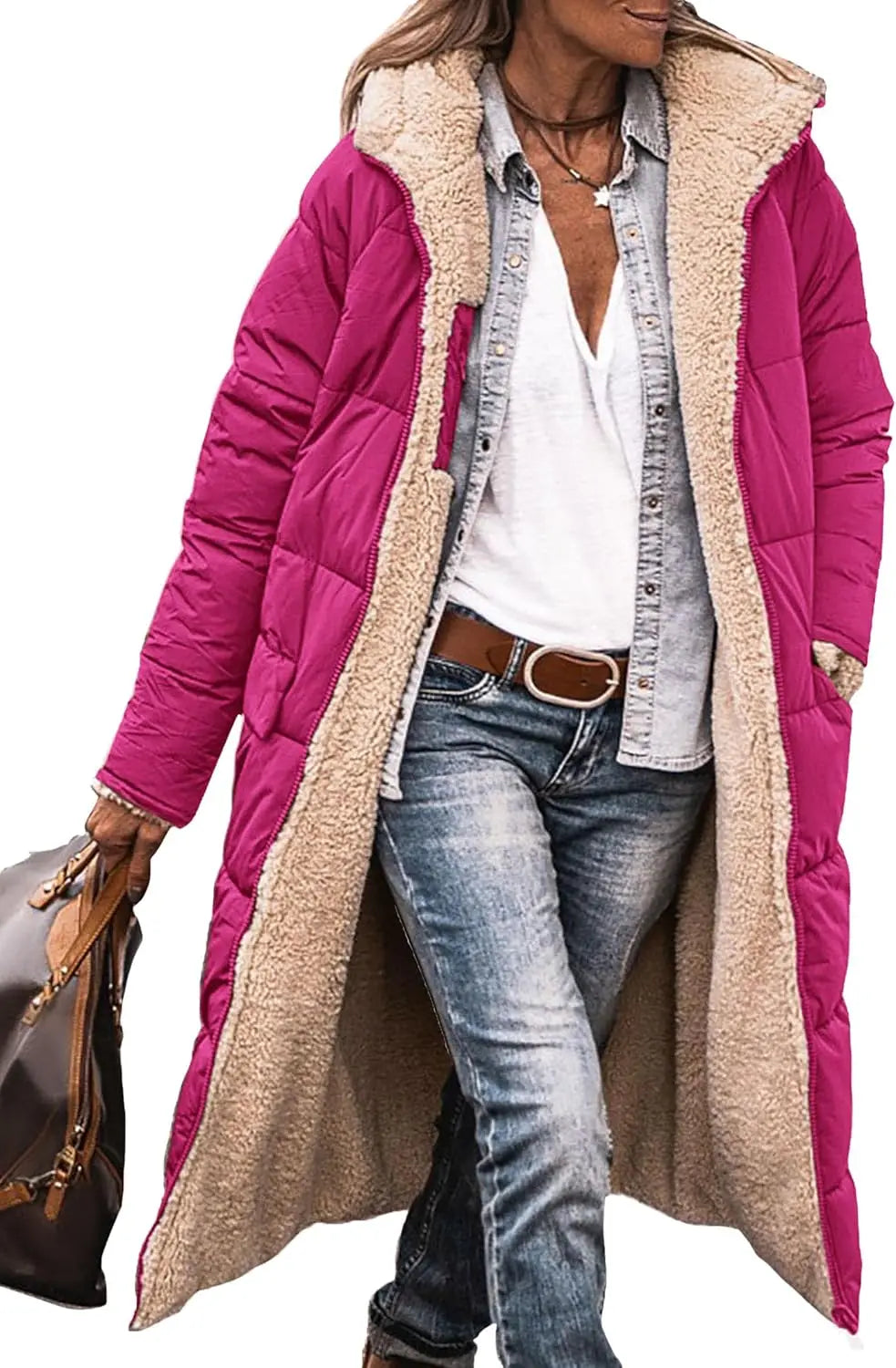 Long women's quilted coat with teddy lining & hood - Warmly lined winter coat