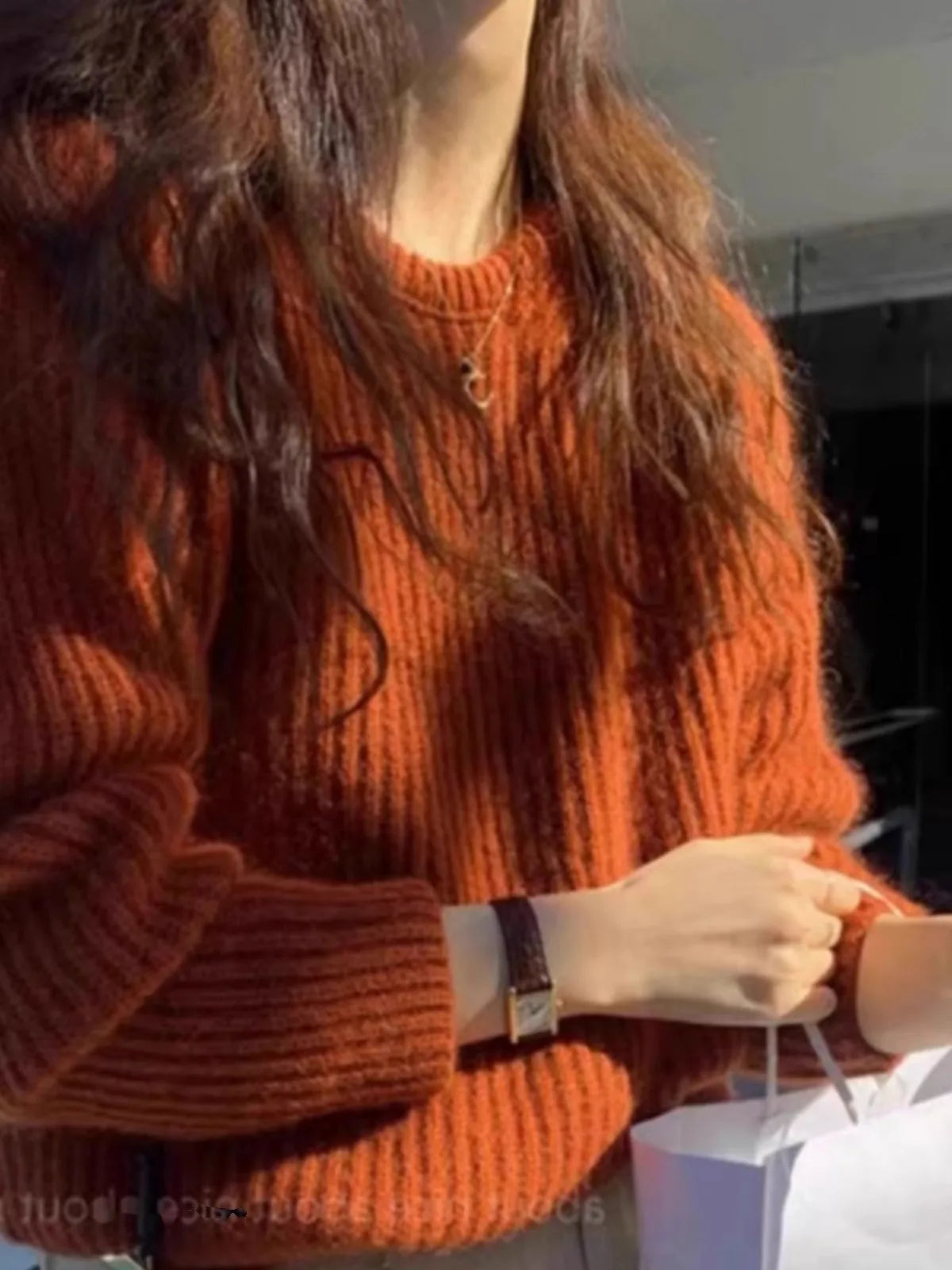 Damen Strickpullover Rundhals Lange Ärmel Rostrot
