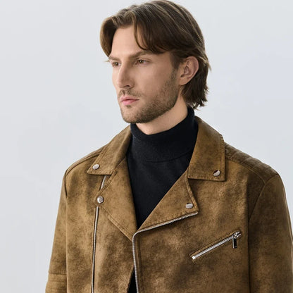 Men's biker jacket in suede look with zippers, brown