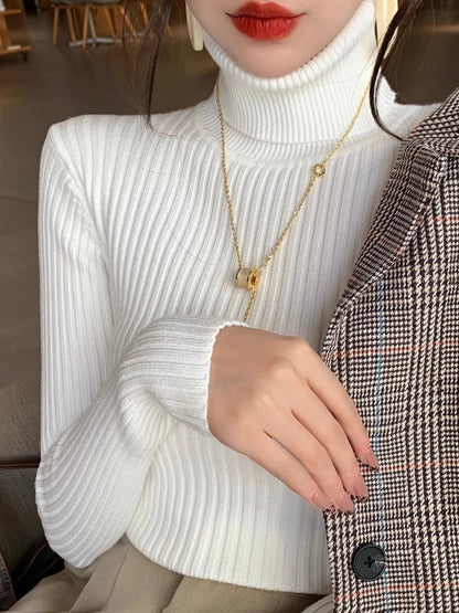 Women's ribbed long-sleeved turtleneck sweater, slim fit