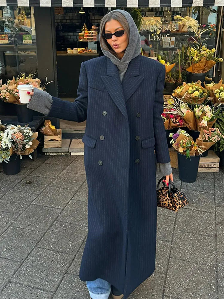 Damen Oversize-Mantel Marineblau Nadelstreifen Lang Zweireihig