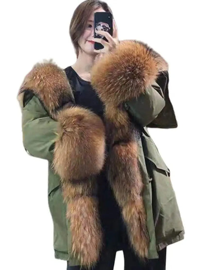 Damen Parka mit Kunstfellbesatz, Khaki, Langärmlig