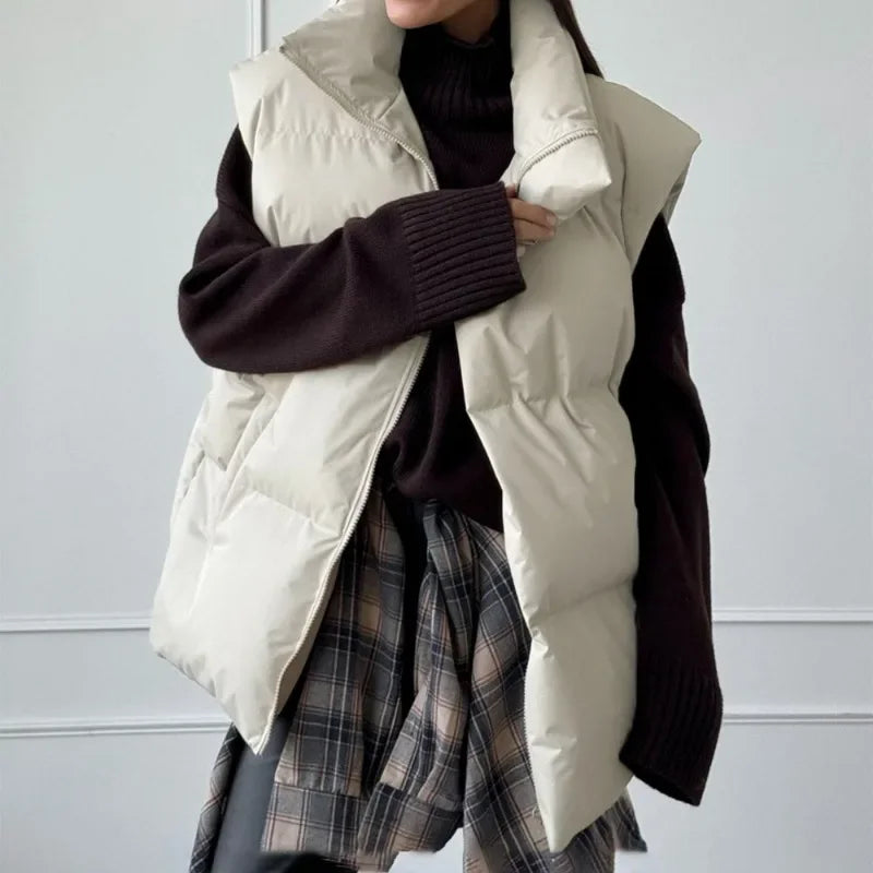 Women's Puffer Vest Stand-Up Collar Gray Black Apricot