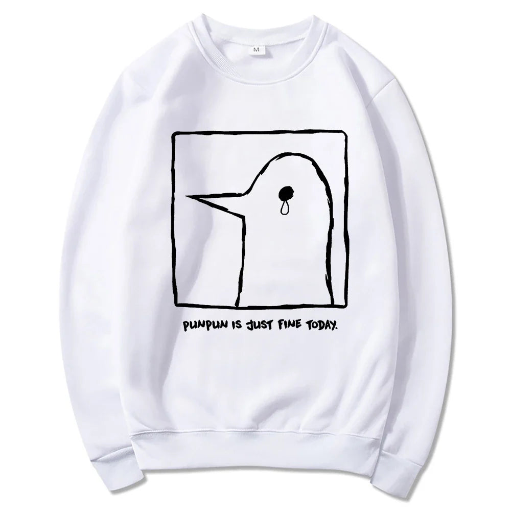 Hoodie or sweatshirt with cartoon bird motif, "Punpun is just fine today" print