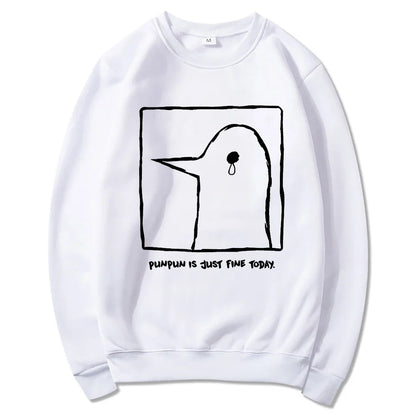 Hoodie or sweatshirt with cartoon bird motif, "Punpun is just fine today" print