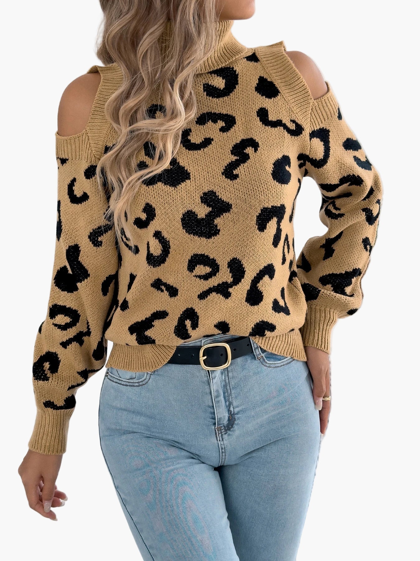 Damen Pullover mit Leopardenmuster und Cut-Out Schultern – Trendiger Freizeit-Strickpullover