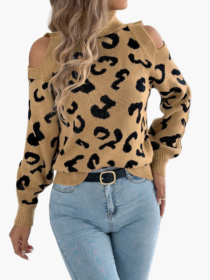 Damen Pullover mit Leopardenmuster und Cut-Out Schultern – Trendiger Freizeit-Strickpullover