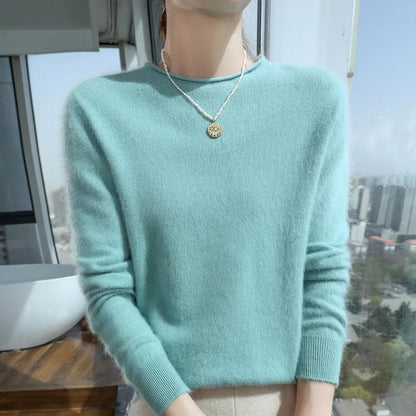 Women's Fuzzy Pink Crew-Neck Long-Sleeve Sweater