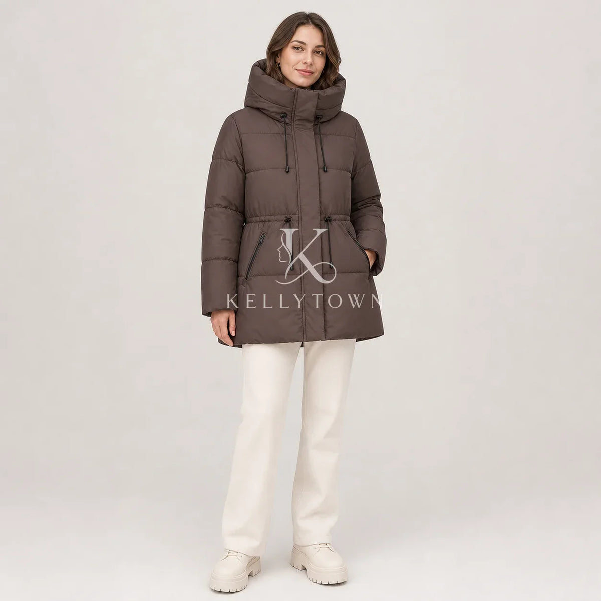 Women's quilted jacket with hood and waist drawstring, light beige