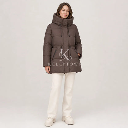 Women's quilted jacket with hood and waist drawstring, light beige