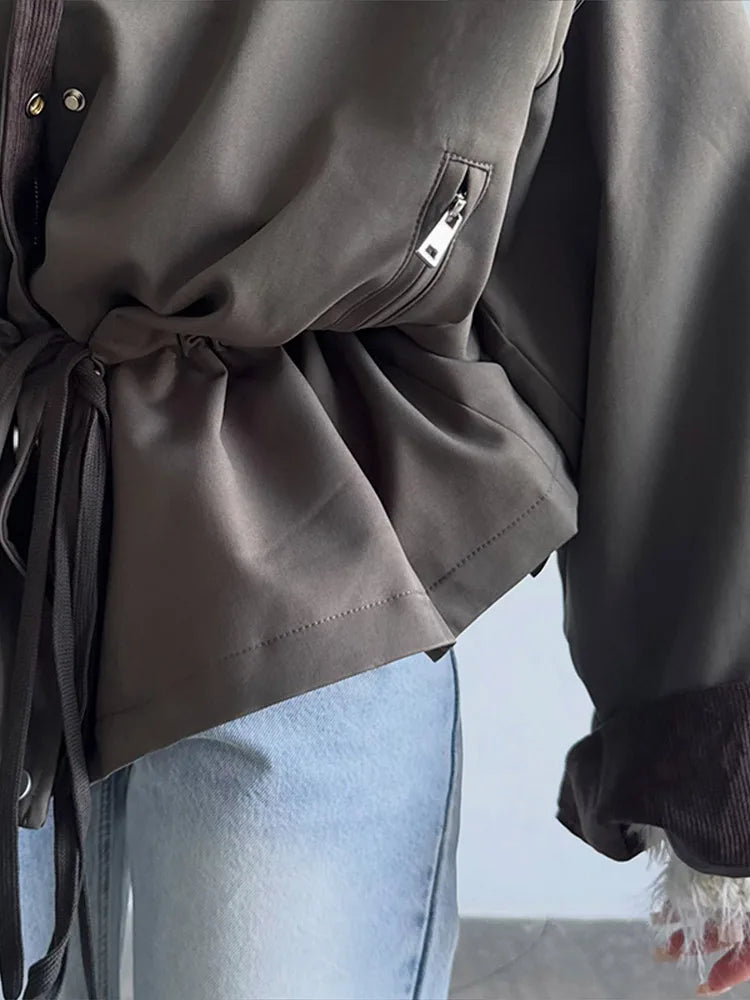 Women's beige oversized-style jacket with drawstring and contrasting collar