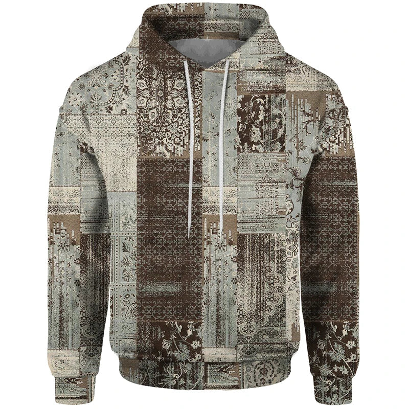 Patchwork-design hoodie with mixed patterns and hood