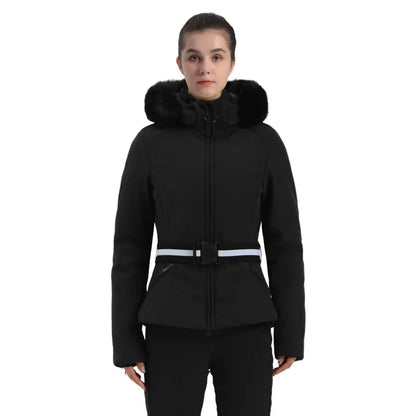 Women's ski jacket with check pattern and faux fur hood, belt, water-repellent