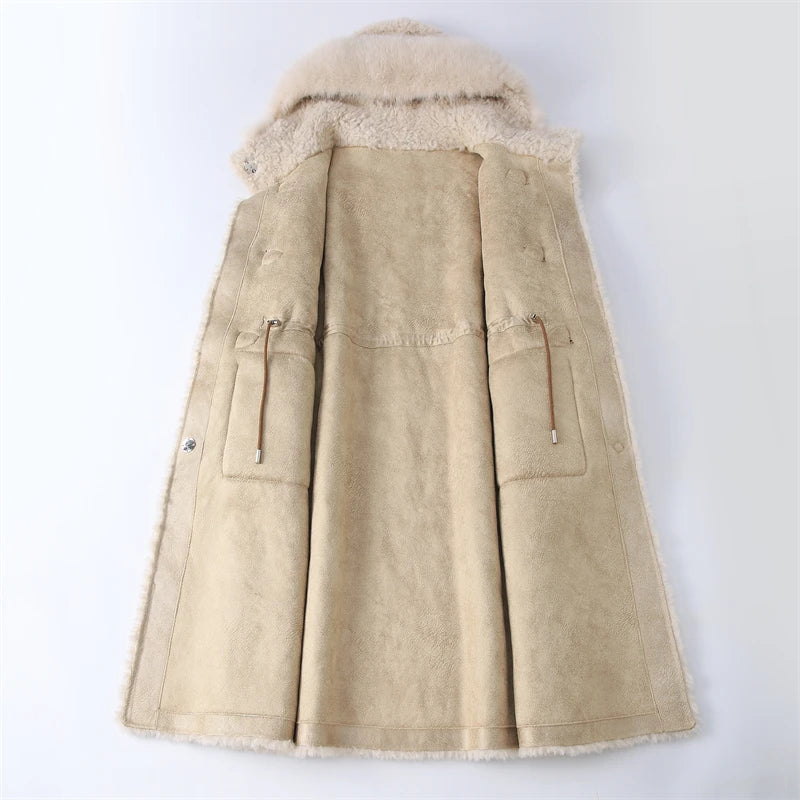 Damen Dufflecoat im Teddy-Stil mit Kapuze und Fellkragen Beige