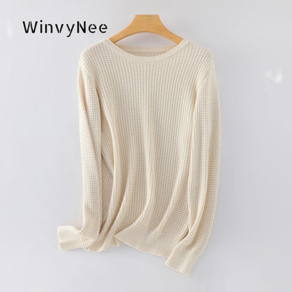 Women's Waffle-Knit Long-Sleeve Crewneck Basic Sweater