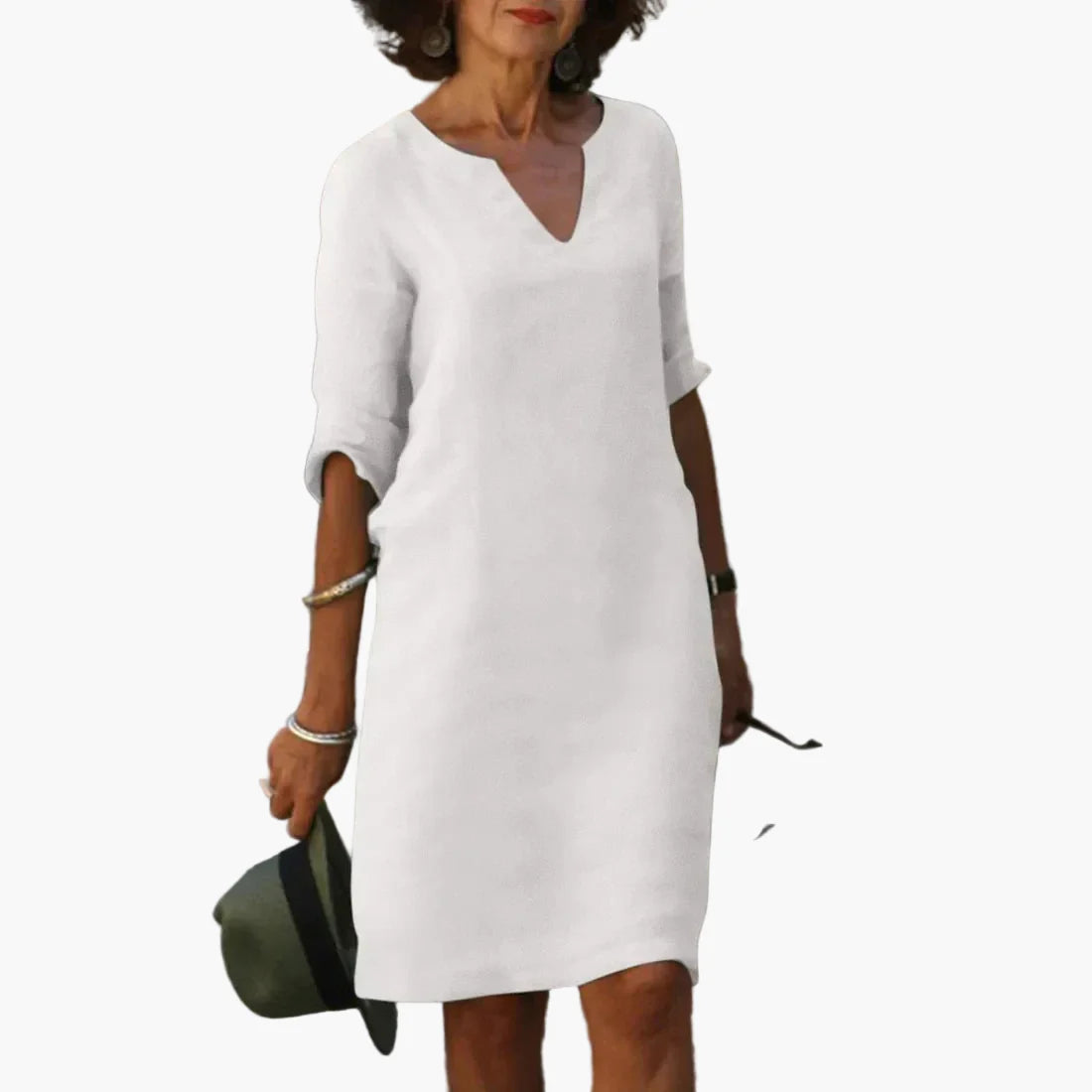 Damen Freizeitkleid mit V-Ausschnitt und 3/4-Ärmeln – Elegantes Alltagskleid für Büro und Freizeit