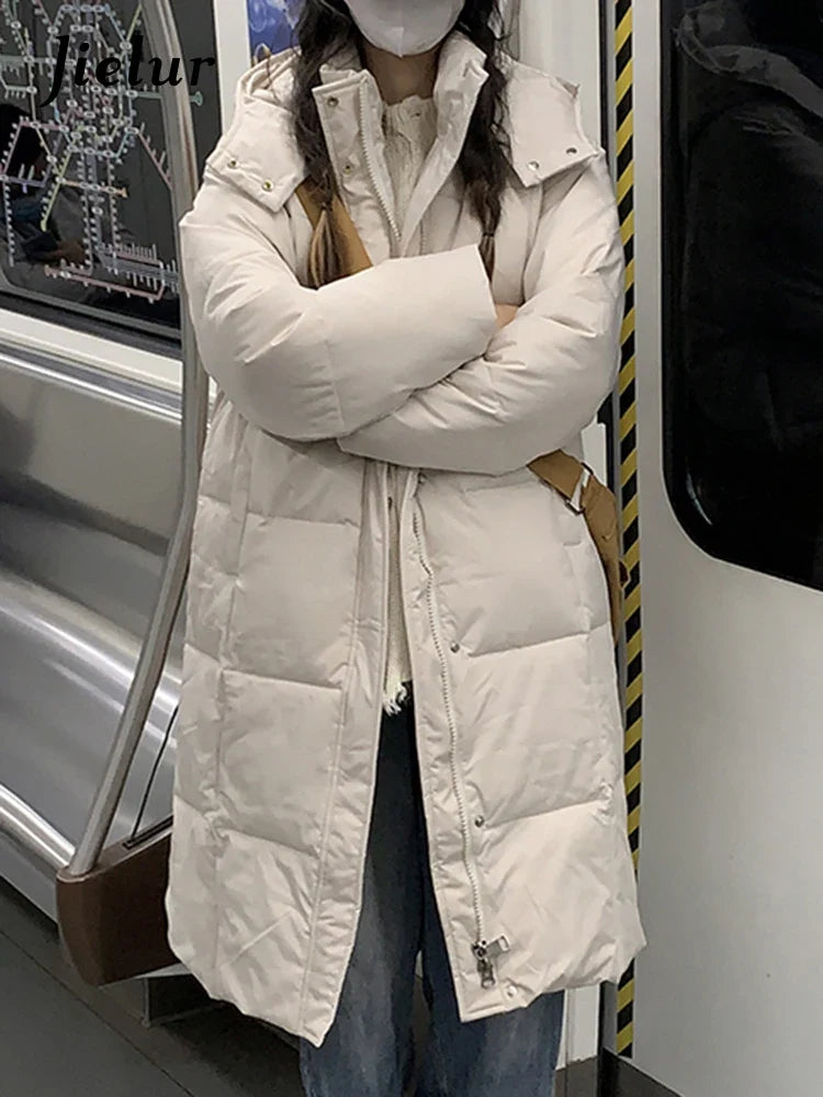 Women's long quilted coat with hood, solid colors