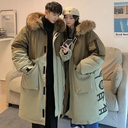 Unisex long winter parka with hood and fur trim, two-tone