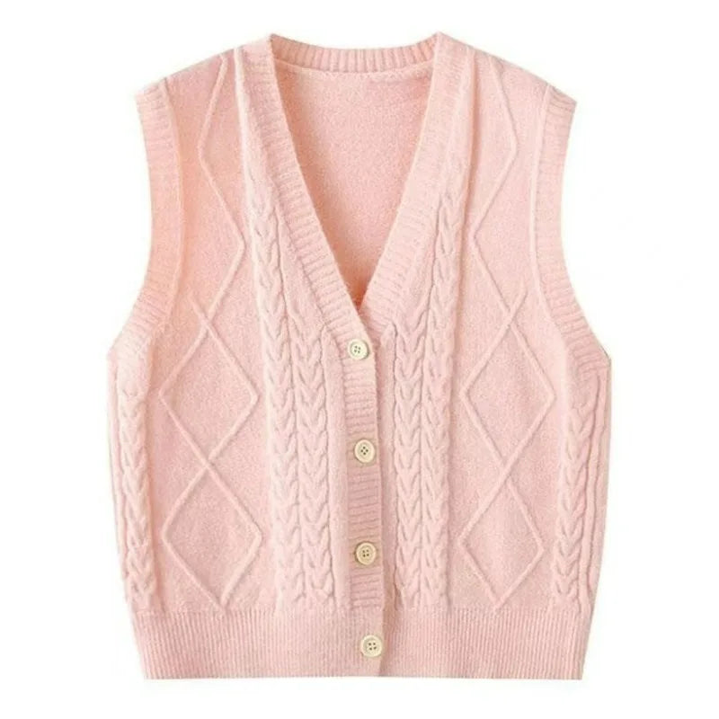 Women's Knit Vest with V-Neck, Cable and Diamond Pattern, Black