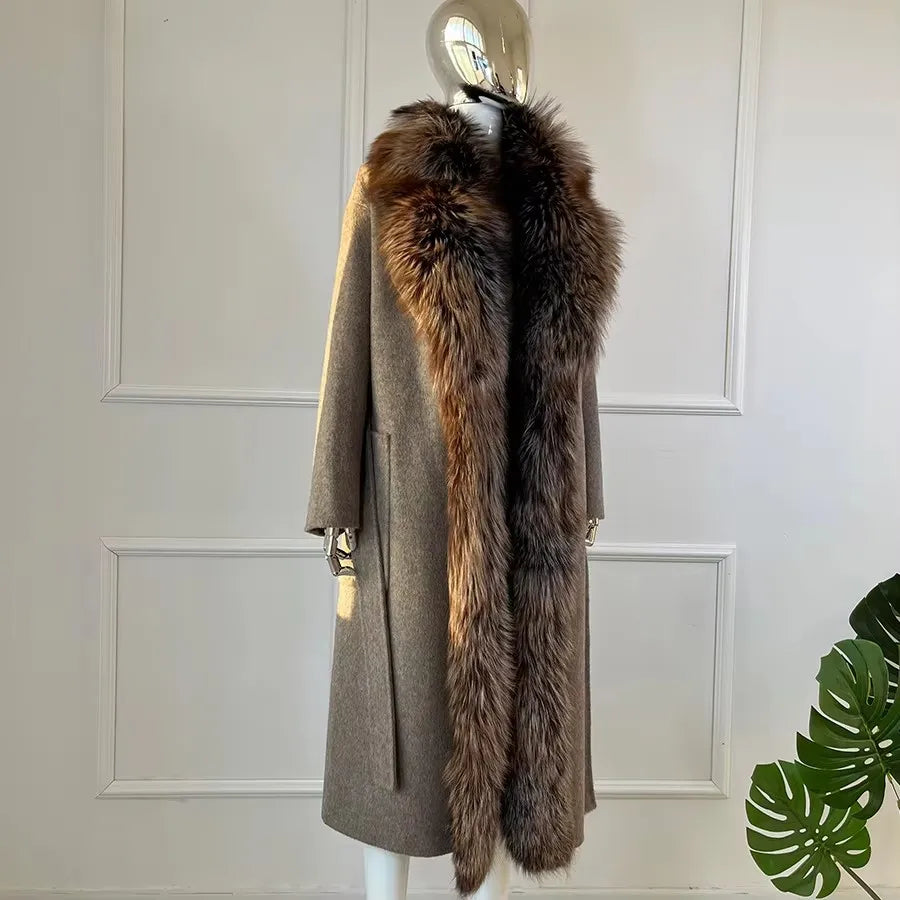 Damen Mantel Lang mit Faux-Pelzkragen Beige