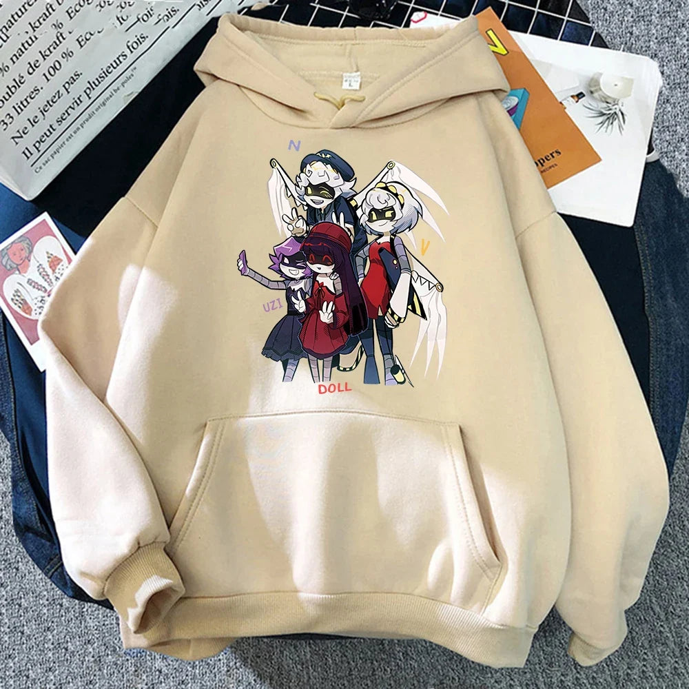 Hoodie mit Kapuze und Anime-Figuren Print Schwarz Unisex